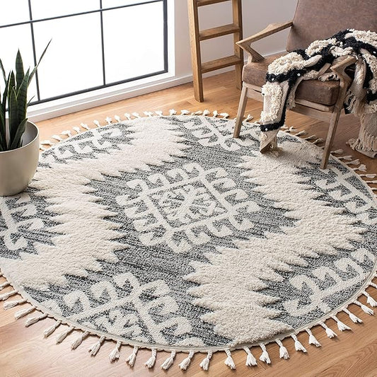 SAFAVIEH Moroccan Tassel Shag Collection Area Rug - 11' Round, Ivory & Grey, Boho Design, Non-Shedding & Easy Care, 2-inch Thick Ideal for High Traffic Areas in Living Room, Bedroom (MTS652F)