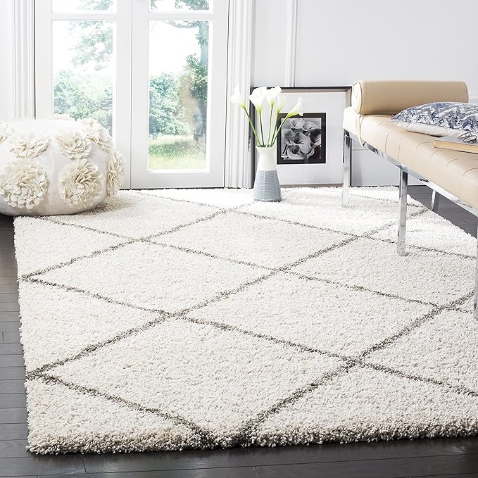 SAFAVIEH Hudson Shag Collection Accent Rug - 3' x 5', Ivory & Grey, Modern Trellis Design, Non-Shedding & Easy Care, 2-inch Thick Ideal for High Traffic Areas in Foyer, Living Room, Bedroom (SGH281A)