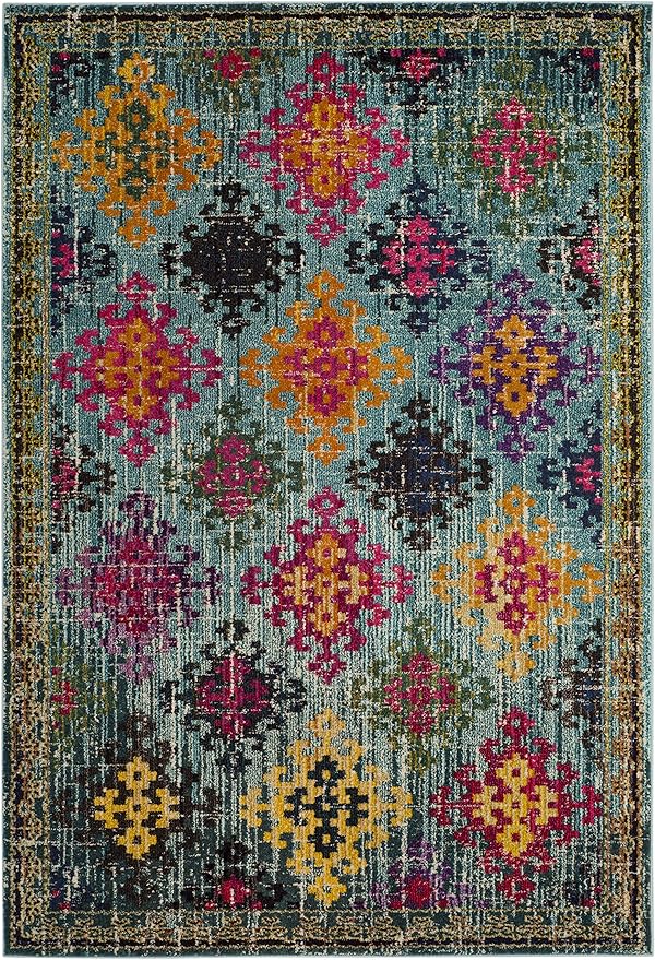 SAFAVIEH Monaco Collection Area Rug - 6'7" x 9'2", Blue & Multi, Boho Diamond Trellis Design, Non-Shedding & Easy Care, Ideal for High Traffic Areas in Living Room, Bedroom (MNC244N)