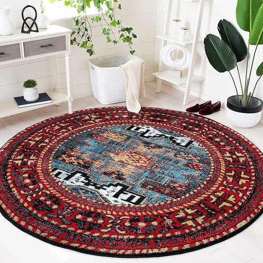 SAFAVIEH Vintage Hamadan Collection Area Rug - 6'7" Round, Red & Light Blue, Persian Design, Non-Shedding & Easy Care, Ideal for High Traffic Areas in Living Room, Bedroom (VTH213Q)