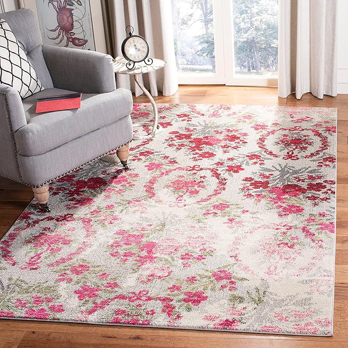 SAFAVIEH Monaco Collection Accent Rug - 4' x 5'7", Ivory & Pink, Floral Design, Non-Shedding & Easy Care, Ideal for High Traffic Areas in Entryway, Living Room, Bedroom (MNC205R)