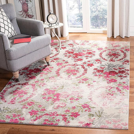SAFAVIEH Monaco Collection Accent Rug - 4' x 5'7", Ivory & Pink, Floral Design, Non-Shedding & Easy Care, Ideal for High Traffic Areas in Entryway, Living Room, Bedroom (MNC205R)
