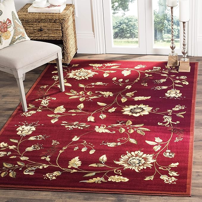 SAFAVIEH Lyndhurst Collection Area Rug - 6'7" Square, Red & Multi, Traditional Floral Design, Non-Shedding & Easy Care, Ideal for High Traffic Areas in Living Room, Bedroom (LNH552-4091)