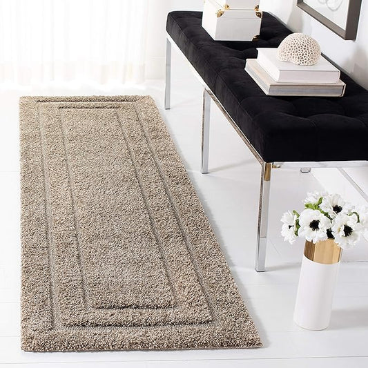 SAFAVIEH Florida Shag Collection Runner Rug - 2'3" x 10', Beige & Beige, Border Design, Non-Shedding & Easy Care, 1.2-inch Thick Ideal for High Traffic Areas in Living Room, Bedroom (SG454-1313)