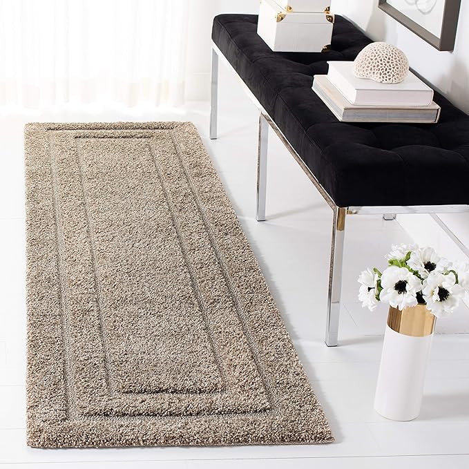 SAFAVIEH Florida Shag Collection Runner Rug - 2'3" x 11', Beige & Beige, Border Design, Non-Shedding & Easy Care, 1.2-inch Thick Ideal for High Traffic Areas in Living Room, Bedroom (SG454-1313)