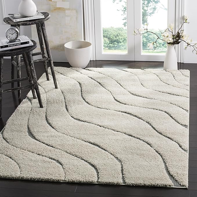 SAFAVIEH Florida Shag Collection Area Rug - 8'6" x 12', Cream & Grey, Non-Shedding & Easy Care, 1.2-inch Thick Ideal for High Traffic Areas in Living Room, Bedroom (SG472-1180)