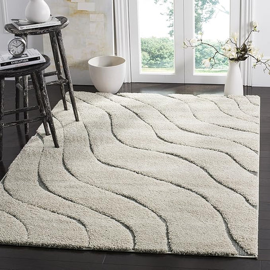 SAFAVIEH Florida Shag Collection Area Rug - 8'6" x 12', Cream & Grey, Non-Shedding & Easy Care, 1.2-inch Thick Ideal for High Traffic Areas in Living Room, Bedroom (SG472-1180)