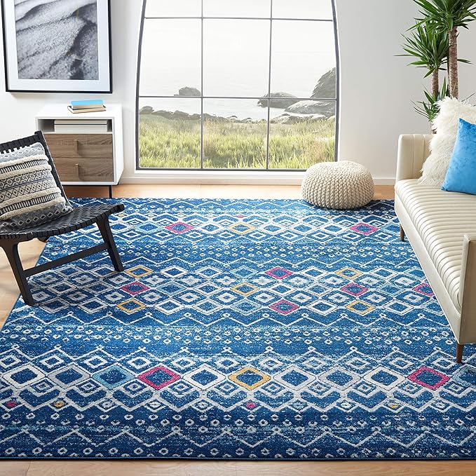 SAFAVIEH Amsterdam Collection Area Rug - 10' x 14', Navy & Turquoise, Moroccan Boho Design, Non-Shedding & Easy Care, Ideal for High Traffic Areas in Living Room, Bedroom (AMS108M)
