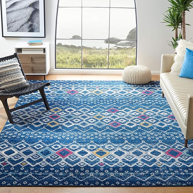 SAFAVIEH Amsterdam Collection Area Rug - 6'7" Square, Navy & Turquoise, Moroccan Boho Design, Non-Shedding & Easy Care, Ideal for High Traffic Areas in Living Room, Bedroom (AMS108M)