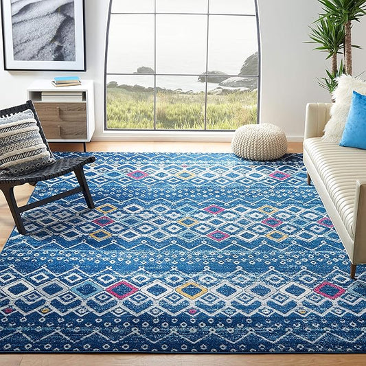 SAFAVIEH Amsterdam Collection Area Rug - 6'7" Square, Navy & Turquoise, Moroccan Boho Design, Non-Shedding & Easy Care, Ideal for High Traffic Areas in Living Room, Bedroom (AMS108M)