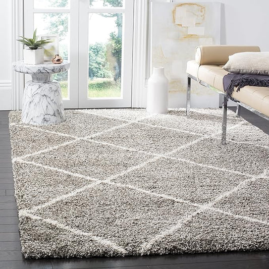 SAFAVIEH Hudson Shag Collection Area Rug - 9' Square, Grey & Ivory, Modern Trellis Design, Non-Shedding & Easy Care, 2-inch Thick Ideal for High Traffic Areas in Living Room, Bedroom (SGH281B)