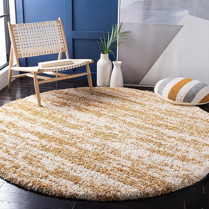 SAFAVIEH Hudson Shag Collection 4' Round Ivory/Gold SGH206D Modern Non-Shedding 2-inch Thick Area Rug