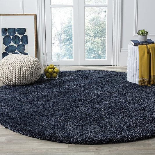 SAFAVIEH Santa Monica Shag Collection Area Rug - 6'7" Round, Navy, Solid Design, Non-Shedding & Easy Care, 2-inch Thick Ideal for High Traffic Areas in Living Room, Bedroom (SGN725-7070)
