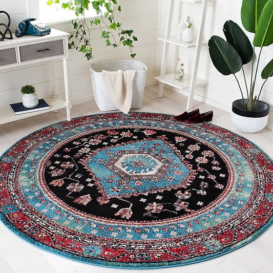 SAFAVIEH Vintage Hamadan Collection 6'7" Round Turquoise/Black VTH204K Traditional Oriental Medallion Non-Shedding Area Rug