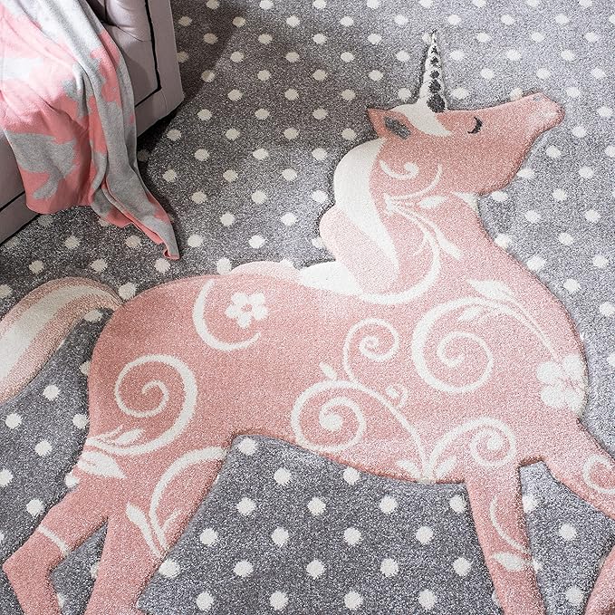 Carousel Kids Collection Area Rug - 5'3" Square, Grey & Ivory & Pink, Non-Shedding & Easy Care, Ideal for High Traffic Areas for Boys & Girls in Playroom, Nursery, Bedroom (CRK163G)