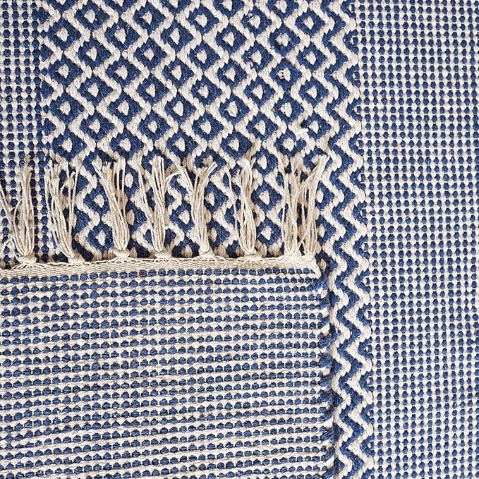 SAFAVIEH Montauk Collection X-Large Area Rug - 11' x 15', Ivory & Navy, Handmade Flat Weave Boho Farmhouse Cotton Tassel Fringe, Ideal for High Traffic Areas in Living Room, Bedroom (MTK330B)