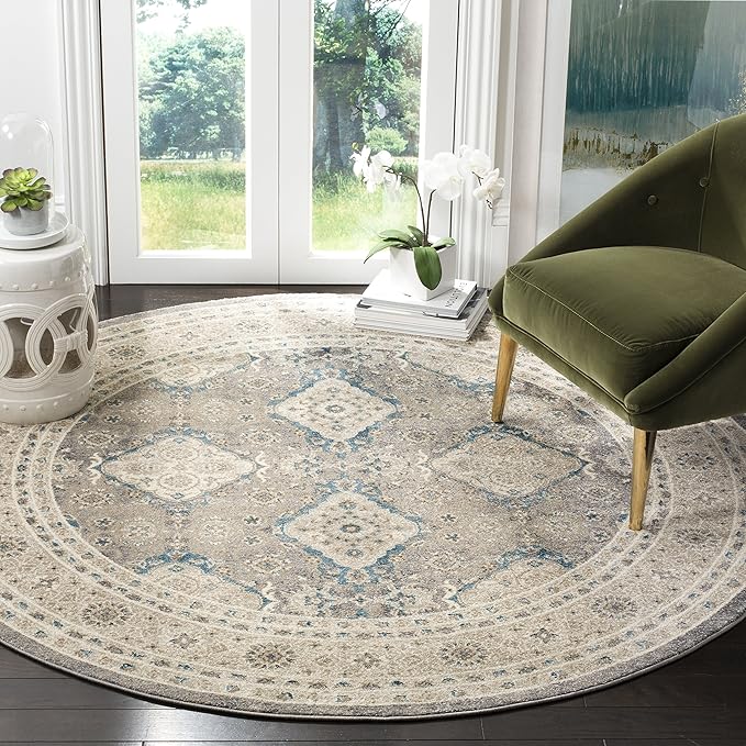 SAFAVIEH Sofia Collection Area Rug - 6'7" Round, Light Grey & Beige, Vintage Oriental Distressed Design, Non-Shedding & Easy Care, Ideal for High Traffic Areas in Living Room, Bedroom (SOF366B)