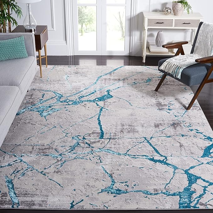 SAFAVIEH Amelia Collection Area Rug - 6'7" Square, Grey & Aqua, Modern Abstract Design, Non-Shedding & Easy Care, Ideal for High Traffic Areas in Living Room, Bedroom (ALA293H)