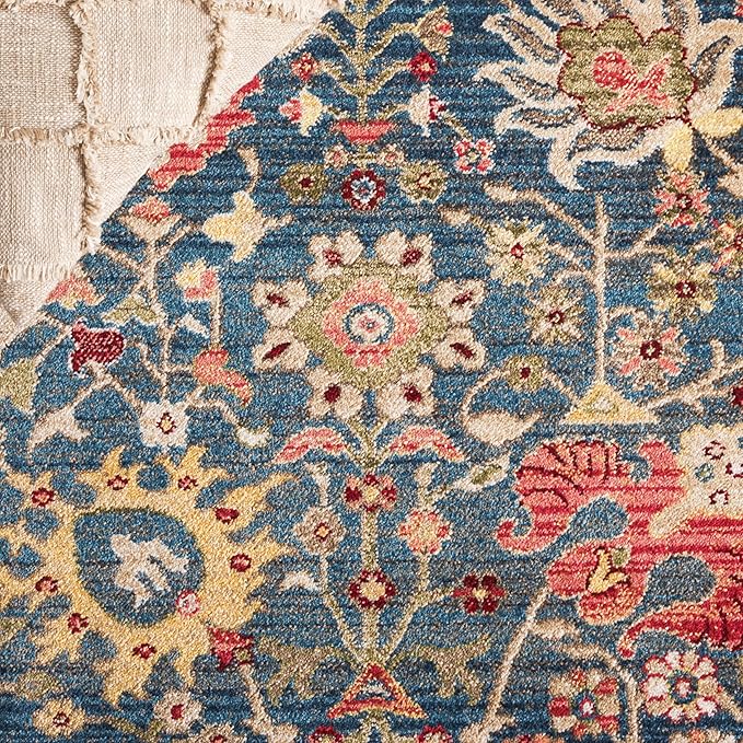 SAFAVIEH Kashan Collection Area Rug - 6'7" Round, Blue & Tan, Geometric Design, Ideal for High Traffic Areas in Living Room, Bedroom & Dining Room (KSN303G-7R)