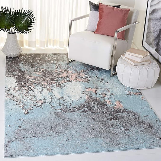 SAFAVIEH Glacier Collection Area Rug - 6'7" x 9', Blue & Pink, Modern Abstract Design, Non-Shedding & Easy Care, Ideal for High Traffic Areas in Living Room, Bedroom (GLA125L)