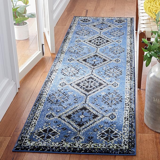 SAFAVIEH Vintage Hamadan Collection Runner Rug - 2'3" x 8', Blue & Black, Oriental Distressed Design, Non-Shedding & Easy Care, Ideal for High Traffic Areas in Living Room, Bedroom (VTH293M)