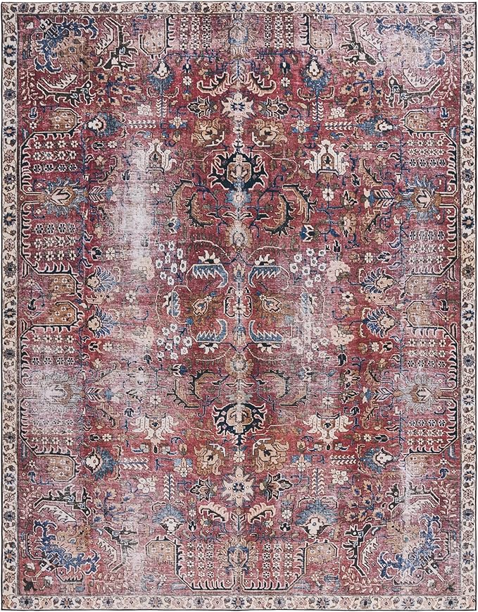 SAFAVIEH Washable Rug Tucson Collection - 9' x 12', Red & Beige, Slip Resistant & Easy to Clean, Ideal for Living Room, Bedroom, Dining Space (TSN174Q)