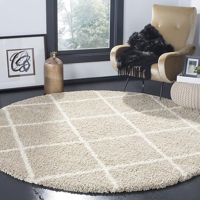 SAFAVIEH Hudson Shag Collection 11' Round Beige/Ivory SGH281S Modern Diamond Trellis Non-Shedding Living Room Bedroom Dining Room Entryway Plush 2-inch Thick Area Rug