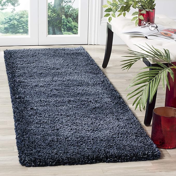 SAFAVIEH Santa Monica Shag Collection 2'3" x 11' Navy SGN725 Solid Non-Shedding Living Room Bedroom Dining Room Entryway Plush 2-inch Thick Runner Rug