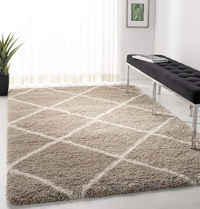 SAFAVIEH Hudson Shag Collection Area Rug - 5' Square, Beige & Ivory, Modern Trellis Design, Non-Shedding & Easy Care, 2-inch Thick Ideal for High Traffic Areas in Living Room, Bedroom (SGH281S)