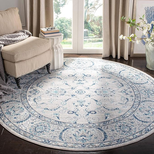 SAFAVIEH Brentwood Collection Area Rug - 9' Round, Light Grey & Blue, Oriental Floral Scroll Design, Non-Shedding & Easy Care, Ideal for High Traffic Areas in Living Room, Bedroom (BNT854G)