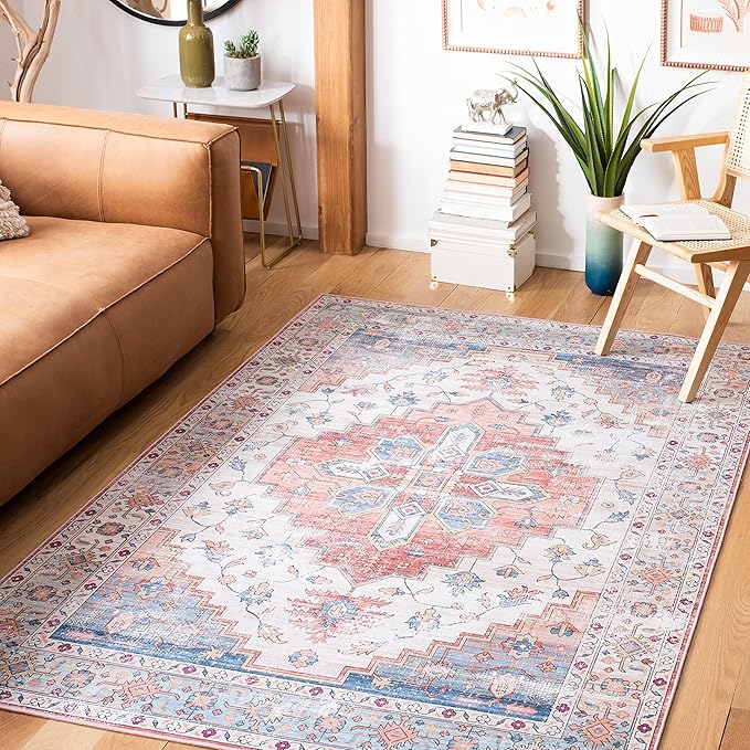 SAFAVIEH Washable Rug Tucson Collection - 6' x 9', Beige & Blue, Slip Resistant & Easy to Clean, Ideal for Living Room, Bedroom, Dining Space (TSN109B)