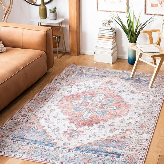 SAFAVIEH Washable Rug Tucson Collection - 6' x 9', Beige & Blue, Slip Resistant & Easy to Clean, Ideal for Living Room, Bedroom, Dining Space (TSN109B)