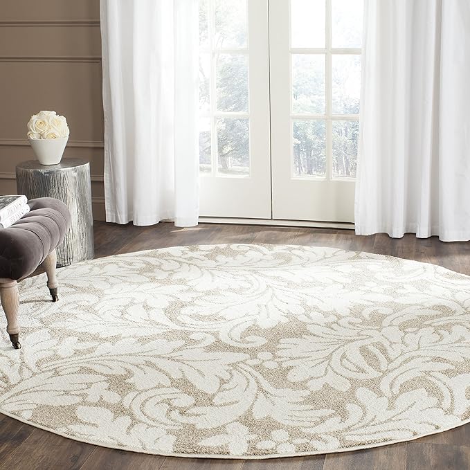 SAFAVIEH Amherst Collection Area Rug - 9' Round, Wheat & Beige, Floral Design, Non-Shedding & Easy Care, Ideal for High Traffic Areas in Living Room, Bedroom (AMT425S)