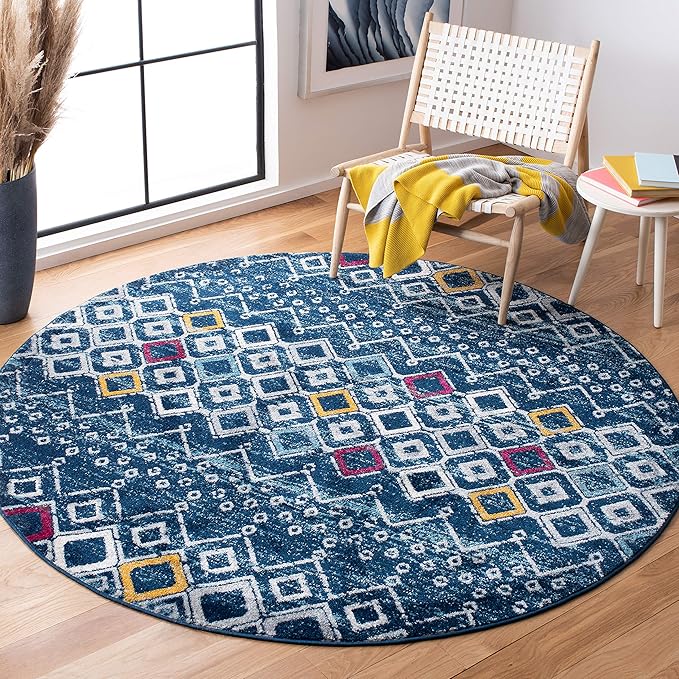SAFAVIEH Amsterdam Collection 6'7" Round Navy / Turquoise AMS108M Moroccan Boho Non-Shedding Dining Room Entryway Foyer Living Room Bedroom Area Rug