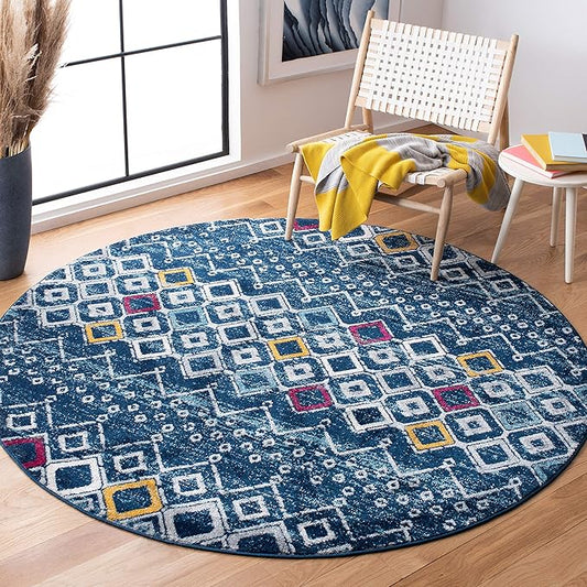 SAFAVIEH Amsterdam Collection 6'7" Round Navy / Turquoise AMS108M Moroccan Boho Non-Shedding Dining Room Entryway Foyer Living Room Bedroom Area Rug