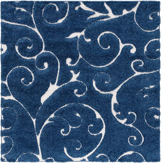 SAFAVIEH Florida Shag Collection Area Rug - 11' Square, Dark Blue & Cream, Scroll Design, Non-Shedding & Easy to Clean, High-Low Plush Pile, Ideal for Living Room, Bedroom, Dining Space (SG455-6511)