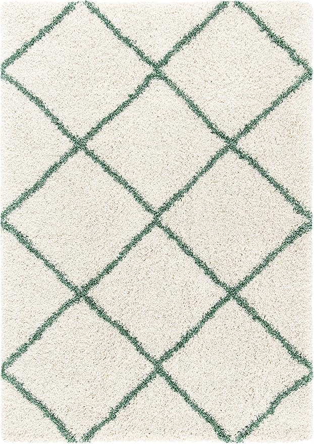 SAFAVIEH Hudson Shag Collection 5'3" x 7'6" Ivory / Green SGH281X Modern Diamond Trellis Non-Shedding Living Room Bedroom Dining Room Entryway Plush 2-inch Thick Area Rug
