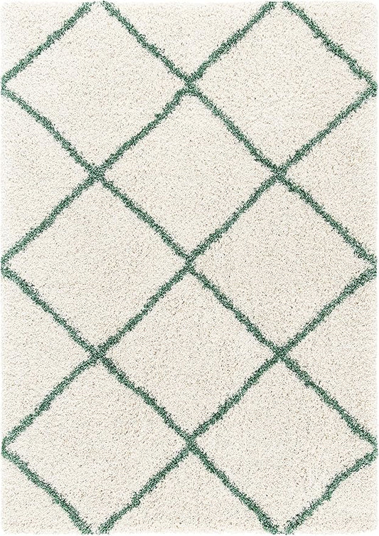 SAFAVIEH Hudson Shag Collection 5'3" x 7'6" Ivory / Green SGH281X Modern Diamond Trellis Non-Shedding Living Room Bedroom Dining Room Entryway Plush 2-inch Thick Area Rug