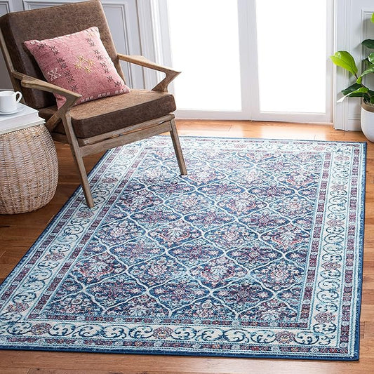 SAFAVIEH Brentwood Collection 4' x 6' Navy / Red BNT870N Oriental Damask Trellis Non-Shedding Living Room Bedroom Accent Rug