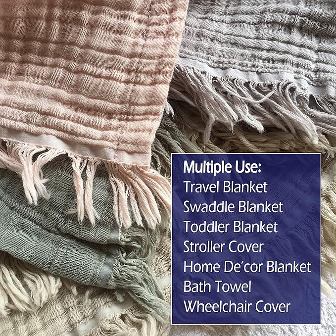 KyraHome 100% Organic Cotton Throw Blankets, 60"x80", Plant Dyed, Lightweight Warm, Gauze Soft Muslin Blankets for Adults, Picnic, Travel, All Season, Sage Green