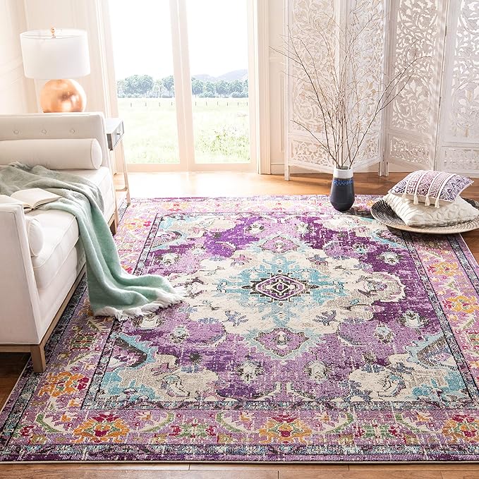 SAFAVIEH Monaco Collection Area Rug - 9' x 12', Violet & Light Blue, Non-Shedding & Easy to Clean, Distressed Medallion Design, Ideal for Living Room, Bedroom, Dining Space (MNC243L)