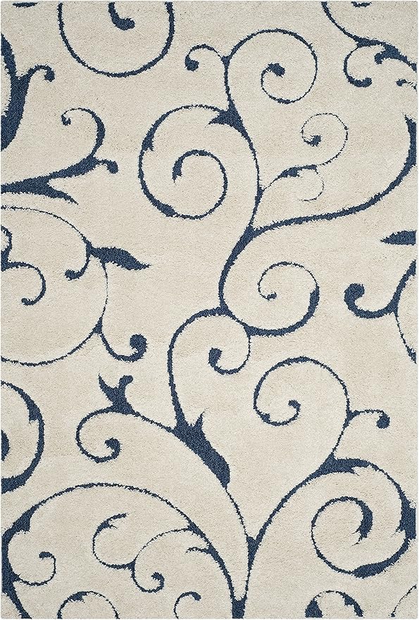 SAFAVIEH Florida Shag Collection Area Rug - 5'3" x 7'6", Cream & Blue, Scroll Design, Non-Shedding & Easy to Clean, High-Low Plush Pile, Ideal for Living Room, Bedroom, Dining Space (SG455-1165)