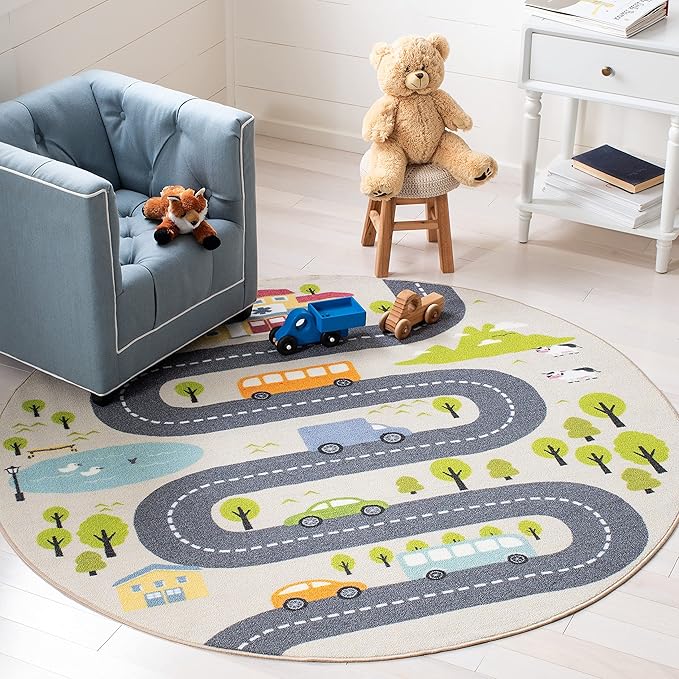 SAFAVIEH Washable Rug Kids Playhouse Collection - 5' Round, Beige & Green, Slip Resistant & Easy to Clean, Ideal for Kids Room, Playroom, Nursery, Boys & Girls Room (KPH227A)