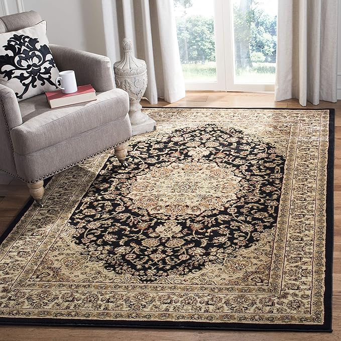 SAFAVIEH Lyndhurst Collection Area Rug - 8' Square, Black & Ivory, Traditional Oriental Medallion Design, Non-Shedding & Easy Care, Ideal for High Traffic Areas in Living Room, Bedroom (LNH222A)