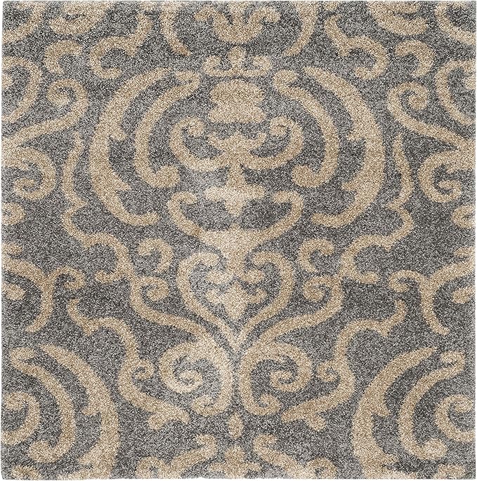SAFAVIEH Florida Shag Collection Area Rug - 5' Square, Grey & Beige, Damask Design, Non-Shedding & Easy Care, 1.2-inch Thick Ideal for High Traffic Areas in Living Room, Bedroom (SG462-8013)