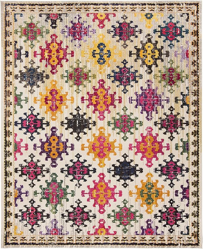 SAFAVIEH Monaco Collection Area Rug - 8' x 10', Ivory & Multi, Boho Diamond Trellis Design, Non-Shedding & Easy Care, Ideal for High Traffic Areas in Living Room, Bedroom (MNC244A)