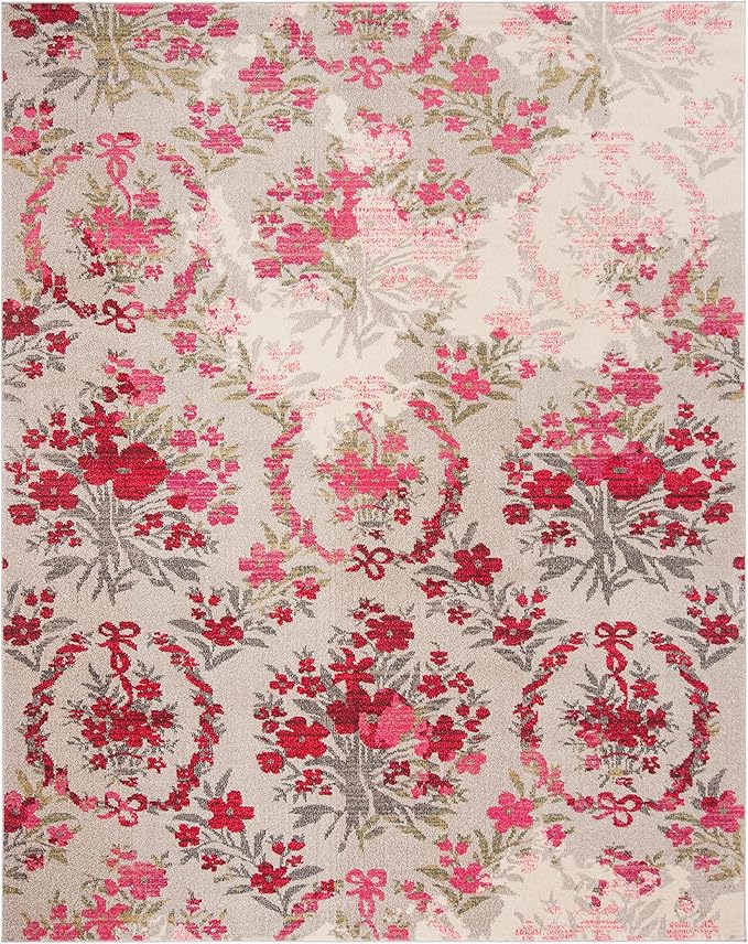 SAFAVIEH Monaco Collection Area Rug - 8' x 11', Ivory & Pink, Floral Design, Non-Shedding & Easy Care, Ideal for High Traffic Areas in Living Room, Bedroom (MNC205R)