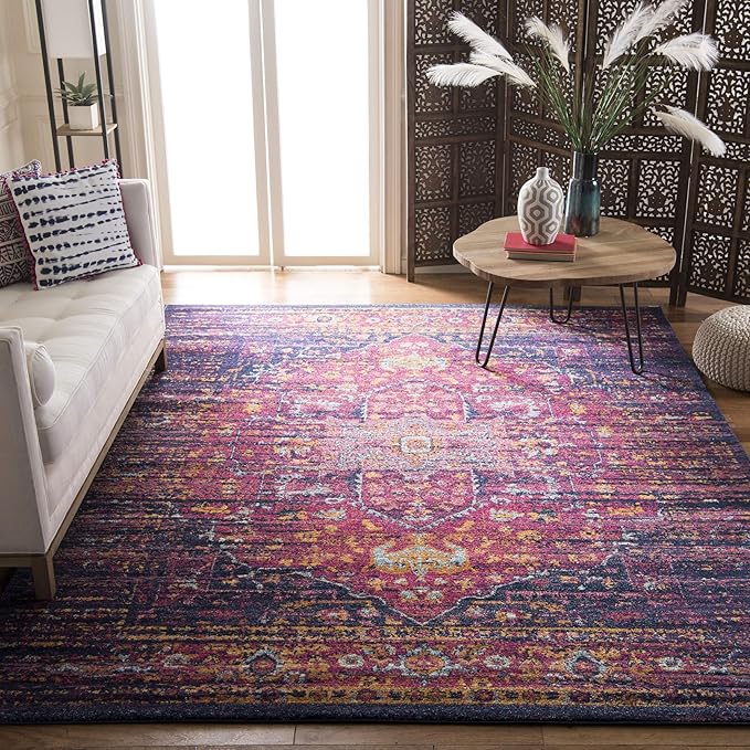 SAFAVIEH Evoke Collection Area Rug - 6'7" x 9', Blue & Fuchsia, Oriental Medallion Distressed Design, Non-Shedding & Easy Care, Ideal for High Traffic Areas in Living Room, Bedroom (EVK275F)