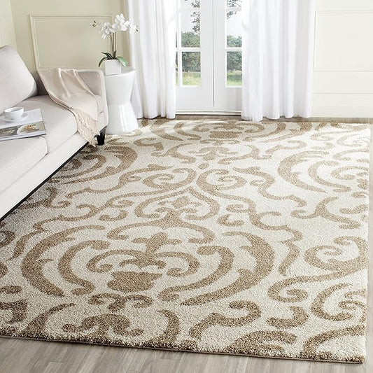 SAFAVIEH Florida Shag Collection Area Rug - 6'7" Square, Cream & Beige, Damask Design, Non-Shedding & Easy Care, 1.2-inch Thick Ideal for High Traffic Areas in Living Room, Bedroom (SG462-1113)