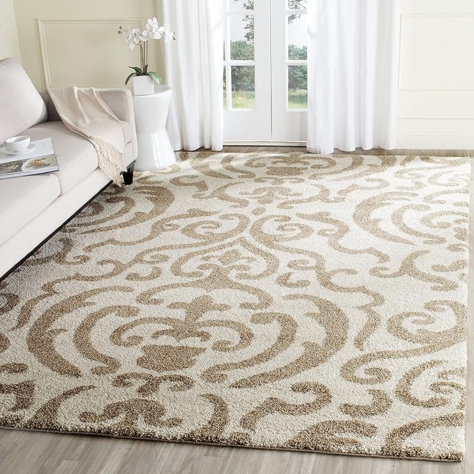 SAFAVIEH Area Rug 8x10 - Florida Shag Collection - Large - Cream & Beige, Damask Pattern, Non-Shedding & Easy Cleaning, Plush Thick Pile, Ideal for Living Room, Bedroom, Dining Space (SG462-1113)